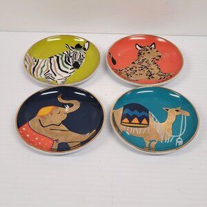 C Wonder Safari Porcelain Coasters Set 4 Zebra Leopard Elephant Camel 3 3/4" Box